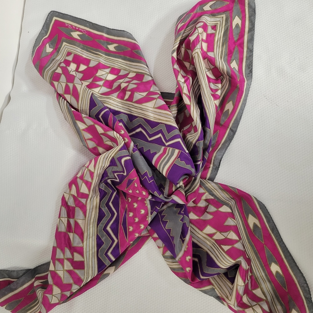 Vintage Oscar de la Renta Scarf 1980s Purple FuchsiaGray Gold Large Square 31" - Picture 3 of 6